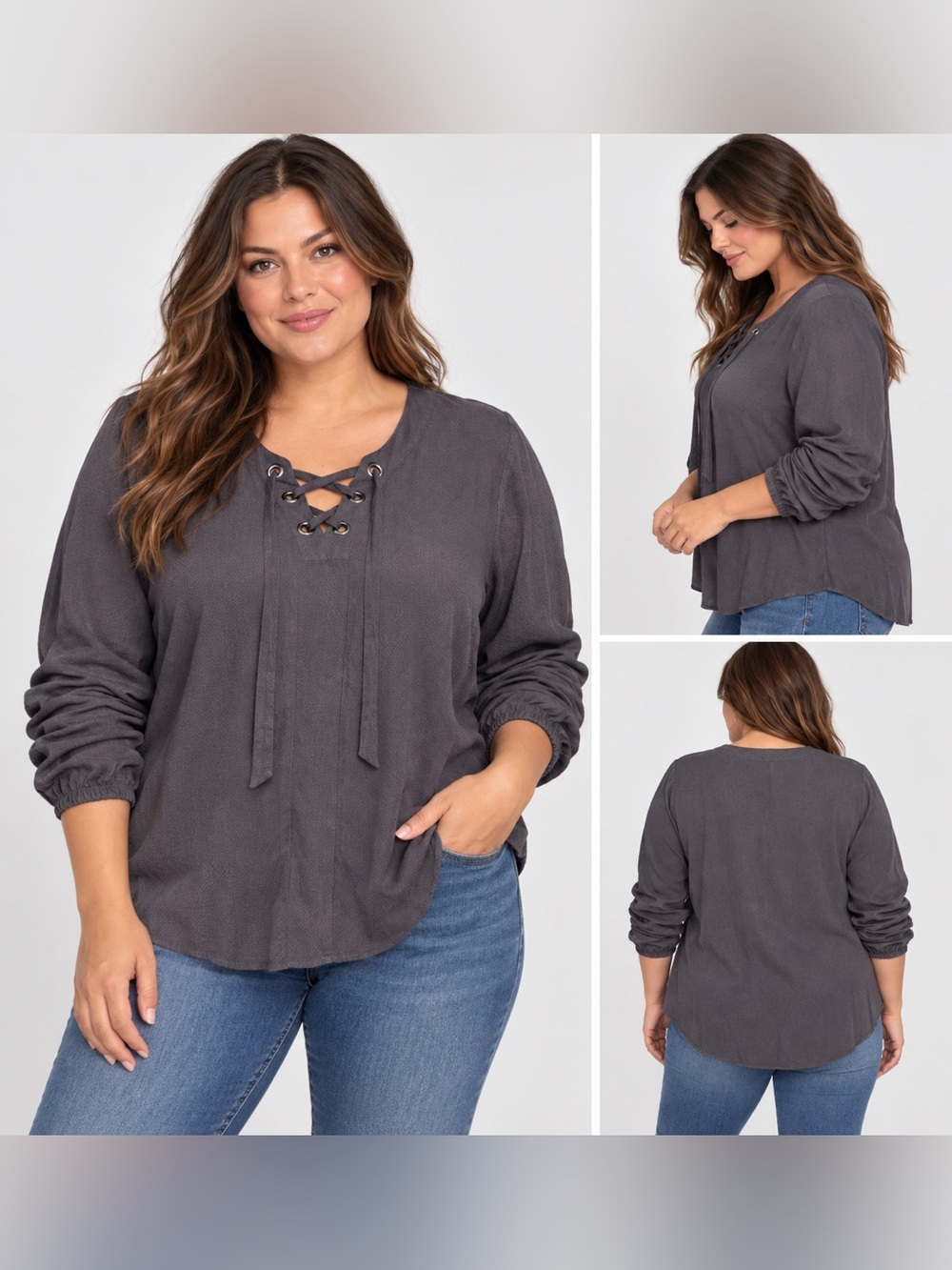 Torrid Gray Lace-Up Neck Long Sleeve Blouse Size 0 NWT